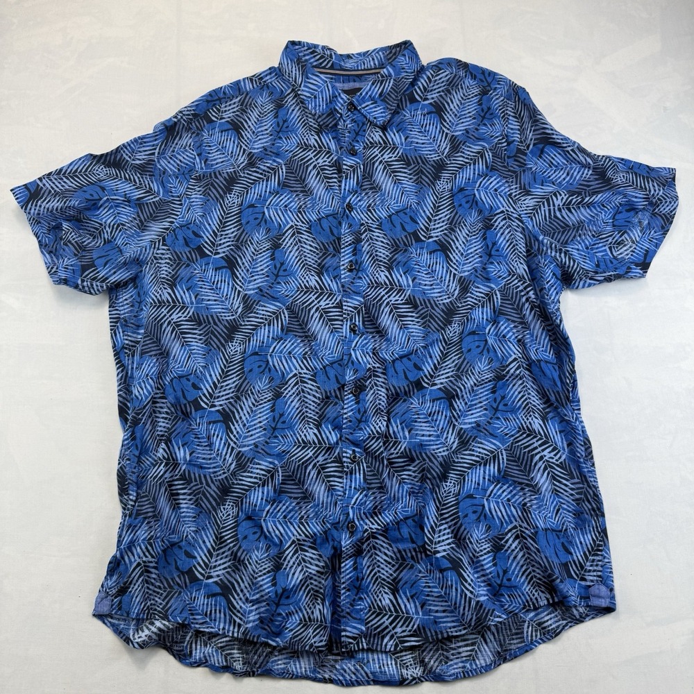 Christian Berg Men's 2XL Pure Linen Shirt Blue Tropical Leaf Short Sleeve
